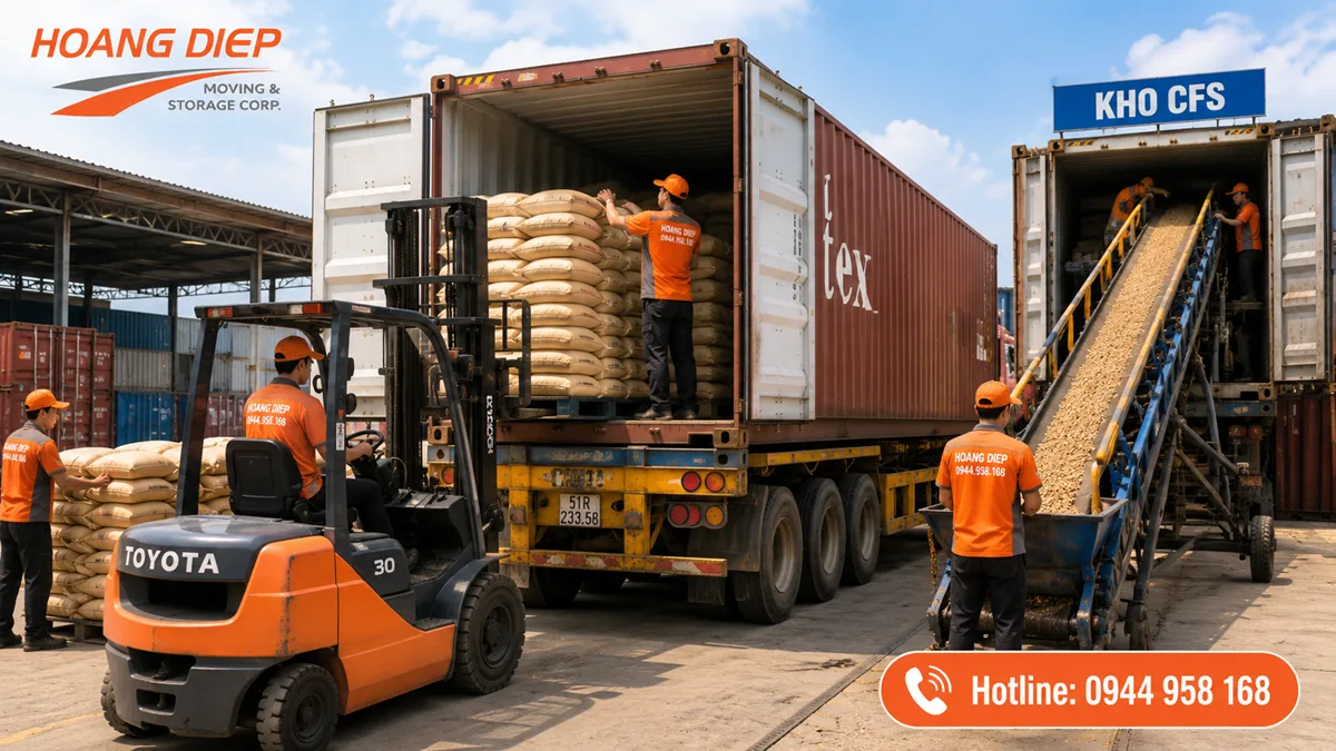Hoàng Diệp hỗ trợ rút hàng bao khỏi container tại kho, CFS, cảng và nhà máy bằng xe nâng, nhân công và thiết bị phù hợp.