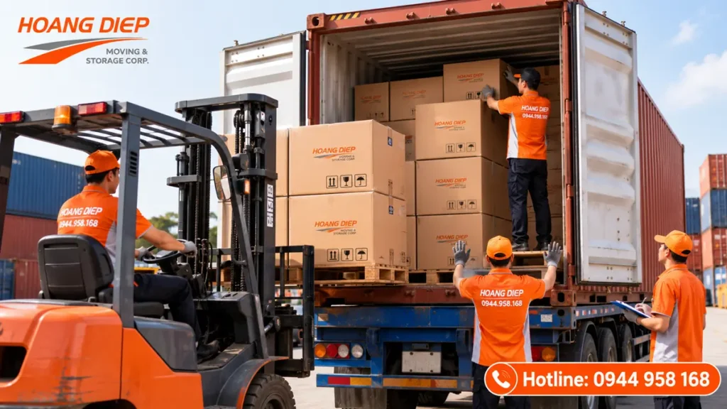 Sắp xếp hàng carton trong container đúng kỹ thuật bằng xe nâng, giúp hàng hóa ổn định, tận dụng diện tích và hạn chế hư hỏng khi vận chuyển.