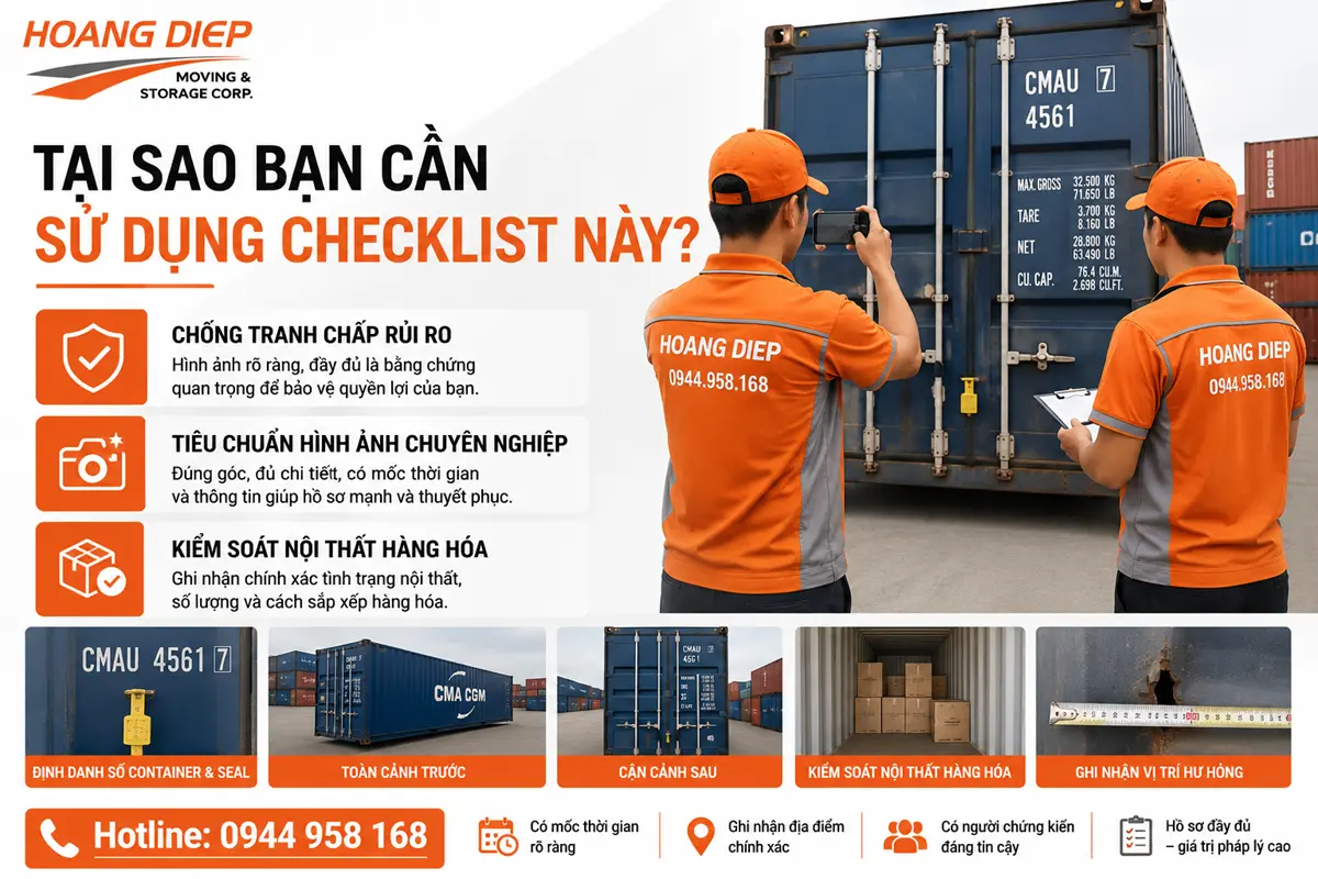 Checklist chứng cứ hiện trường container, hướng dẫn ghi nhận tình trạng container, hình ảnh hàng hóa và hồ sơ trước khi đóng rút container.