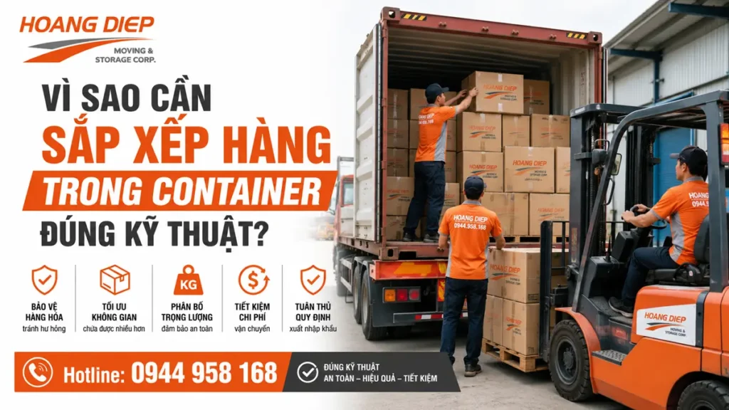 Dịch vụ đóng rút container Hoàng Diệp hướng dẫn sắp xếp hàng trong container đúng kỹ thuật, giúp hàng hóa ổn định, an toàn và hạn chế rủi ro khi vận chuyển