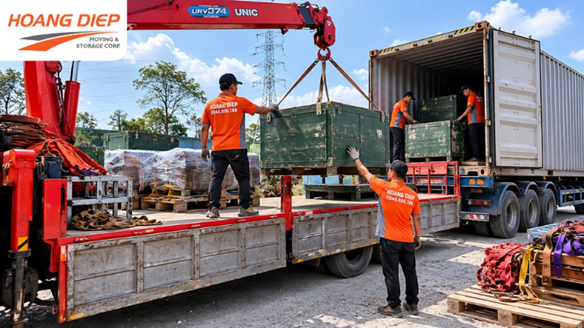 Xe cẩu hỗ trợ đóng rút container hàng nặng tại kho bãi, phù hợp cho hàng máy móc, thiết bị công nghiệp, hàng quá khổ và hàng cần nâng hạ bằng thiết bị chuyên dụng để bảo đảm an toàn khi bốc dỡ.