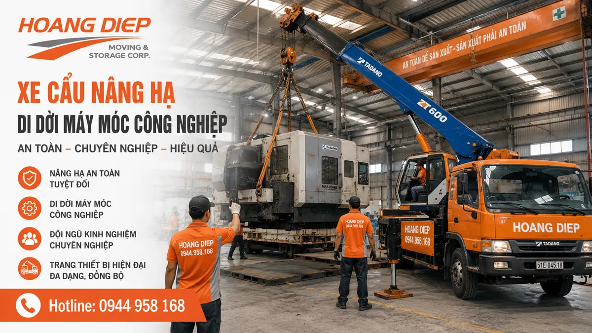 Xe cẩu nâng hạ di dời máy móc công nghiệp tại nhà xưởng