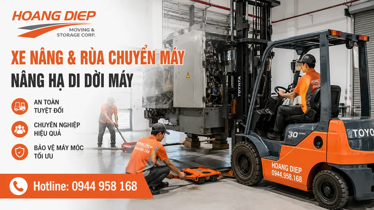 Xe nâng và rùa chuyển máy dùng trong nâng hạ di dời máy