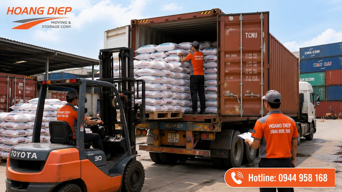 Rút hàng bao khỏi container bằng xe nâng giúp tăng tốc độ bốc xếp, hạn chế rách bao và giảm thời gian chờ xe.