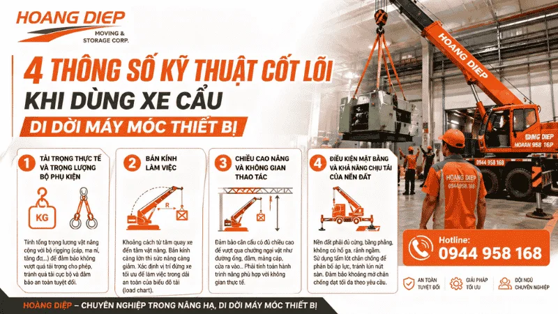 4 thông số kỹ thuật cốt lõi khi dùng xe cẩu di dời máy móc thiết bị 