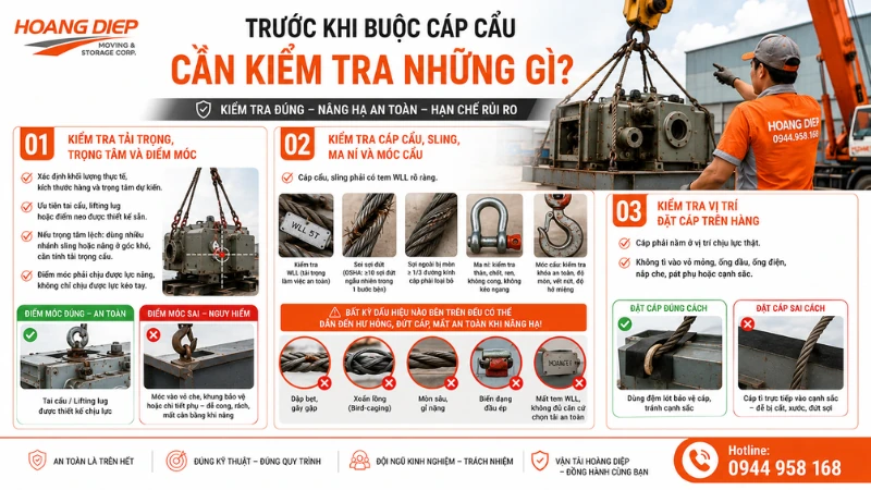 Các hạng mục cần kiểm tra trước khi buộc cáp cẩu
