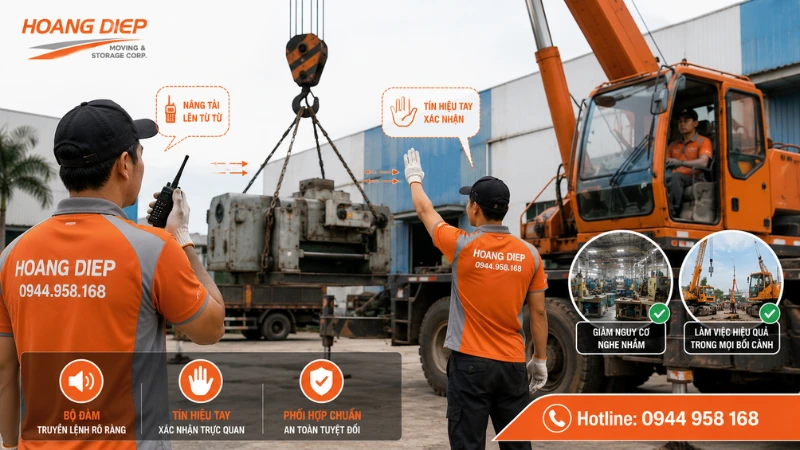 Cần phối hợp tín hiệu tay và bộ đàm trong điều khiển nâng hạ 