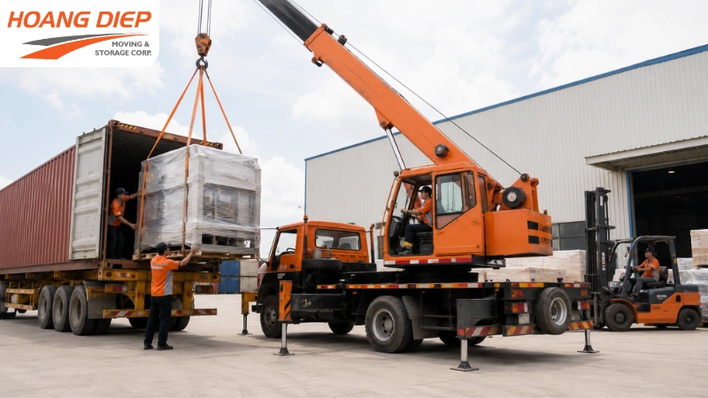 Xe cẩu thực hiện cẩu hạ hàng hoá siêu trọng