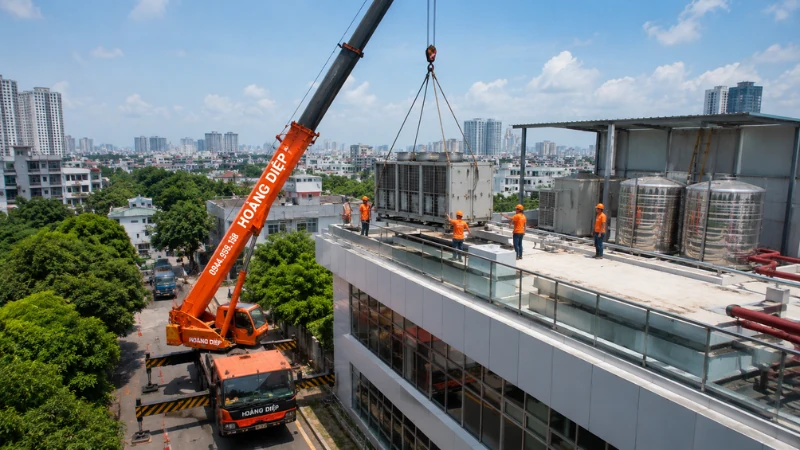 dùng xe cẩu máy móc thiết bị lên sân thượng 