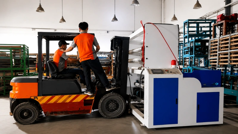 Hoàng Diệp di dời máy móc bằng xe nâng vào buổi tối