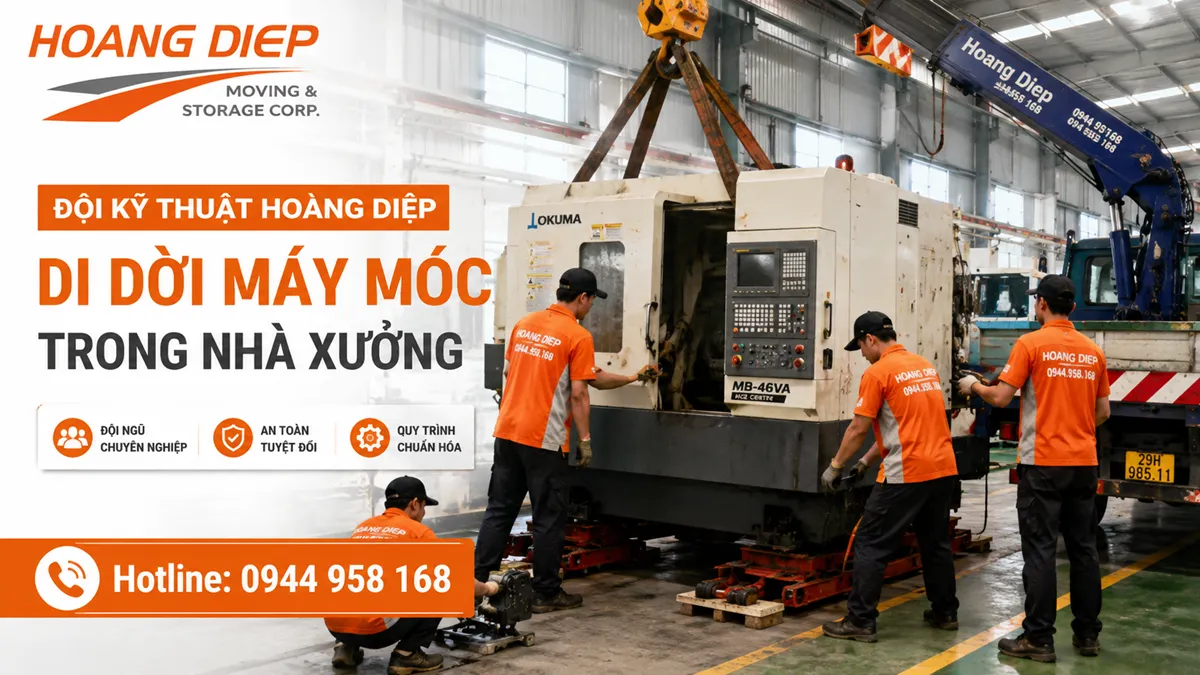 Đội kỹ thuật Hoàng Diệp di dời máy móc trong nhà xưởng