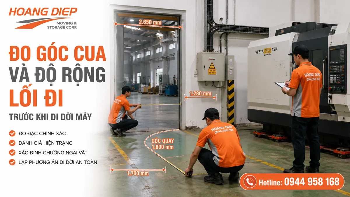 Đo góc cua và độ rộng lối đi khi di dời máy trong nhà xưởng