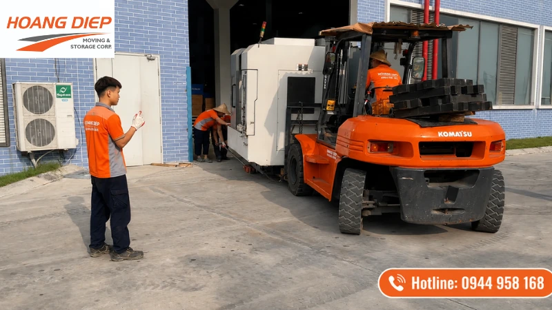 Hoàng Diệp dùng xe nâng di dời máy móc thiết bị siêu trọng