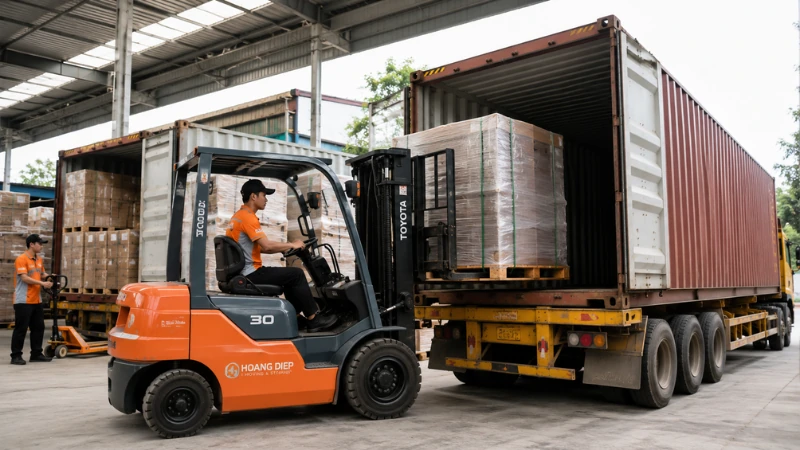 Hoàng Diệp cho thuê xe nâng hàng đóng rút container