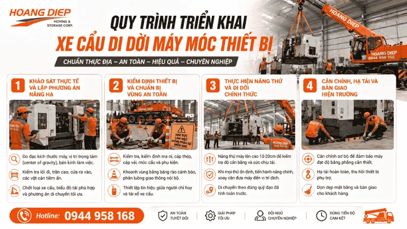 quy trình triển khai xe cẩu di dời máy móc thiết bị an toàn
