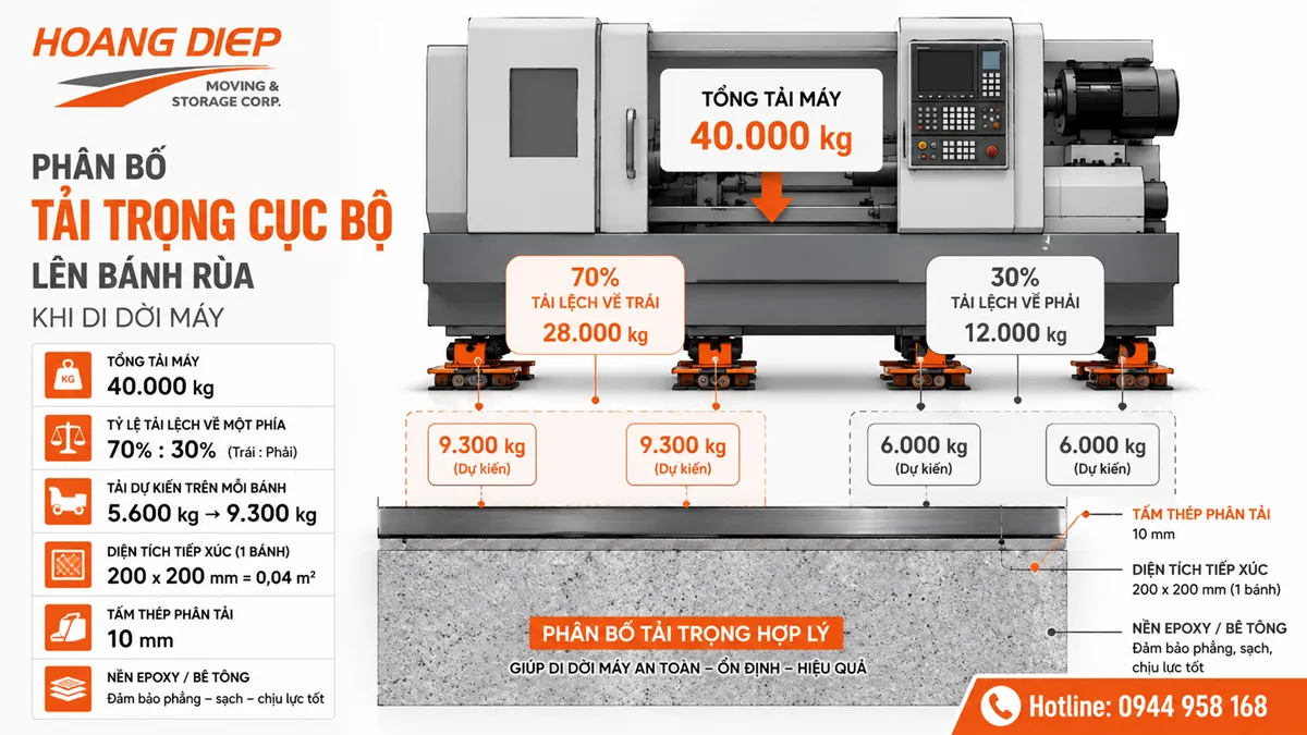 Phân bố tải trọng cục bộ lên bánh rùa khi di dời máy