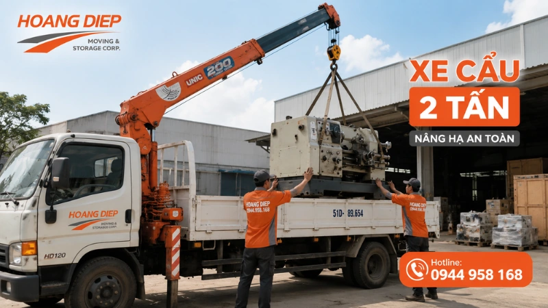Thi công di dời máy móc bằng xe cẩu 2 tấn