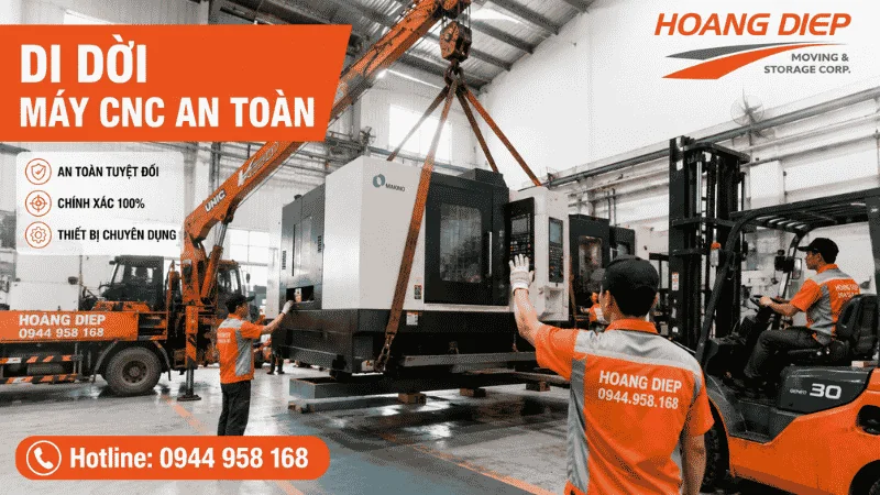 vận tải Hoàng Diệp di dời máy CNC bằng xe nâng xe cẩu an toàn