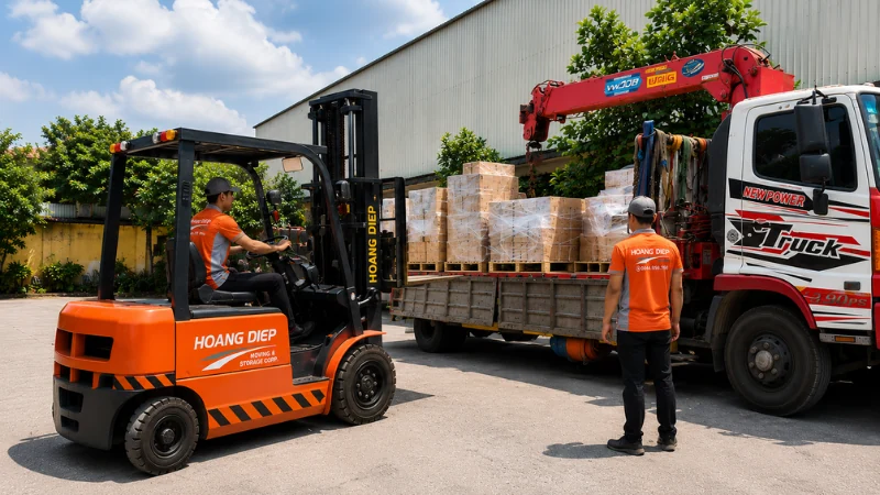 Hoàng Diệp dùng xe cẩu kết hợp xe nâng nâng hạ hàng hoá an toàn
