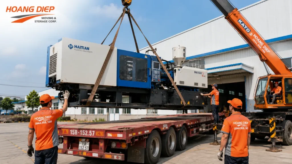 bốc xếp máy ép nhựa lên xe tải để vận chuyển 