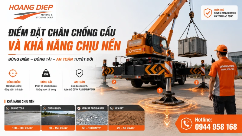 Cần kiểm tra điểm đặt chân chống cẩu và khả năng chịu của nền để đảm bảo an toàn khi nâng hạ 