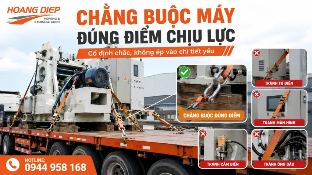 chẳng buộc máy móc trên xe vận chuyển để đảm bảo an toàn