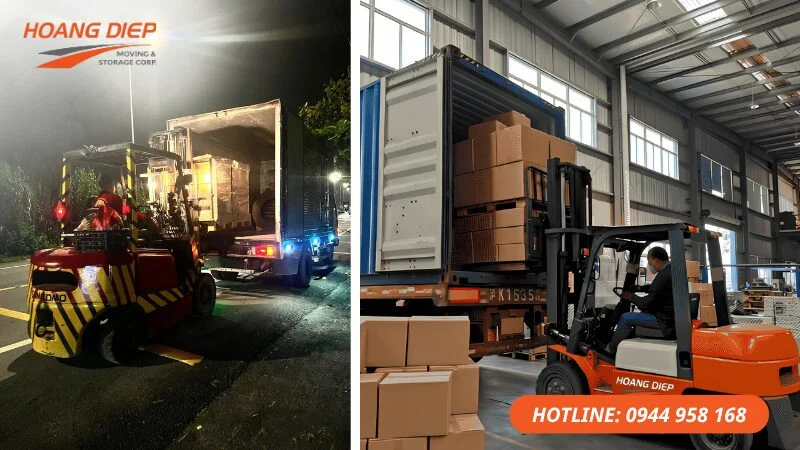 Hoàng Diệp dùng xe nâng đóng rút container