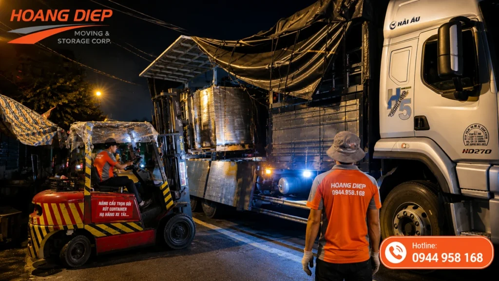 Đội ngũ Nâng hạ & Vận tải Hoàng Diệp hỗ trợ đóng rút container tại kho bãi, phối hợp xe nâng và nhân sự để xử lý hàng hóa an toàn, đúng tiến độ.