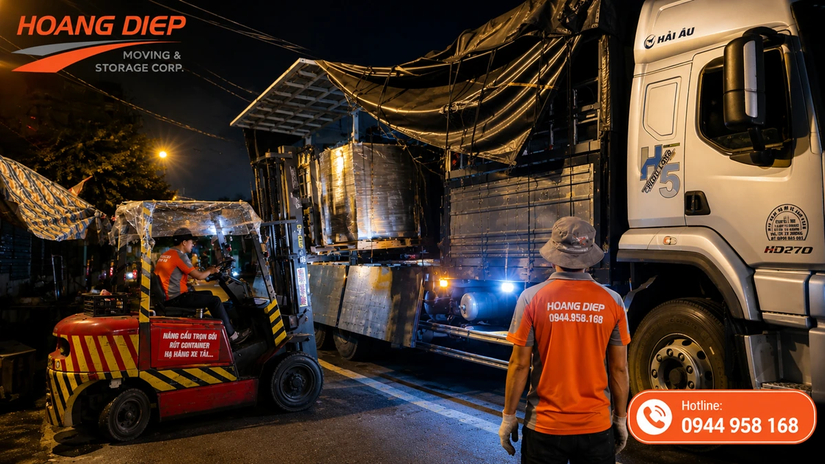 Đội ngũ Nâng hạ & Vận tải Hoàng Diệp hỗ trợ đóng rút container tại kho bãi, phối hợp xe nâng và nhân sự để xử lý hàng hóa an toàn, đúng tiến độ.