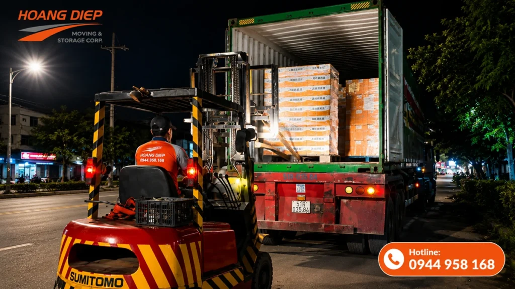 Đóng rút container ban đêm bằng xe nâng, hỗ trợ doanh nghiệp bốc dỡ hàng hóa ngoài giờ, giảm thời gian chờ và bảo đảm tiến độ giao nhận.