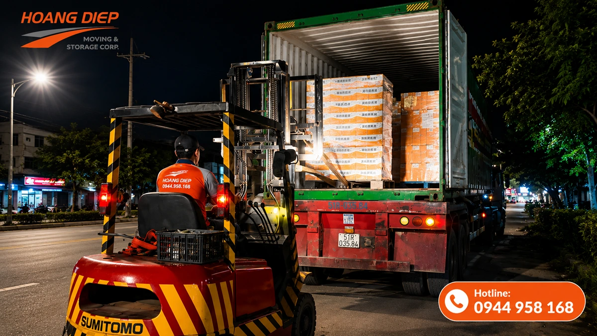 Đóng rút container ban đêm bằng xe nâng, hỗ trợ doanh nghiệp bốc dỡ hàng hóa ngoài giờ, giảm thời gian chờ và bảo đảm tiến độ giao nhận.