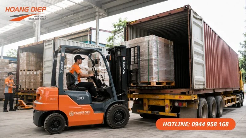 Hoàng Diệp thi công đóng rút container hàng pallet 