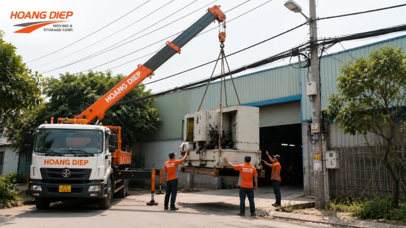 Dự án Hoàng Diệp cẩu máy và xưởng có đường dây điện phía trước