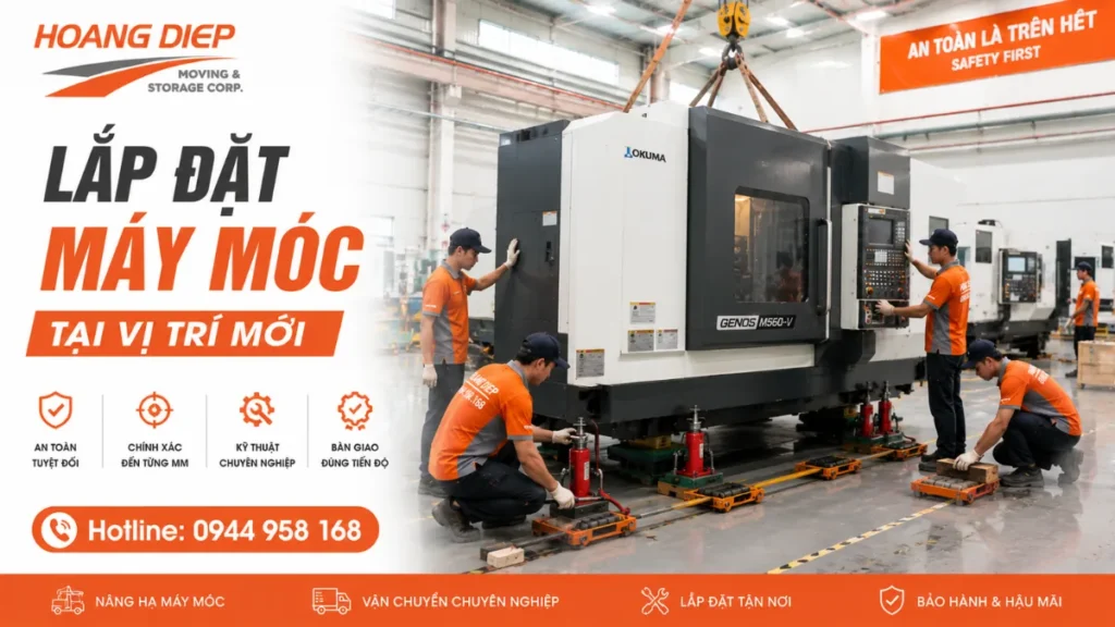 dùng kích thuỷ lực và con lăn để di dời máy móc an toàn nhanh chóng