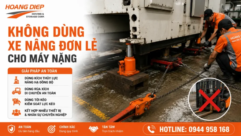 dùng kích thuỷ lực để di dời máy móc nặng 