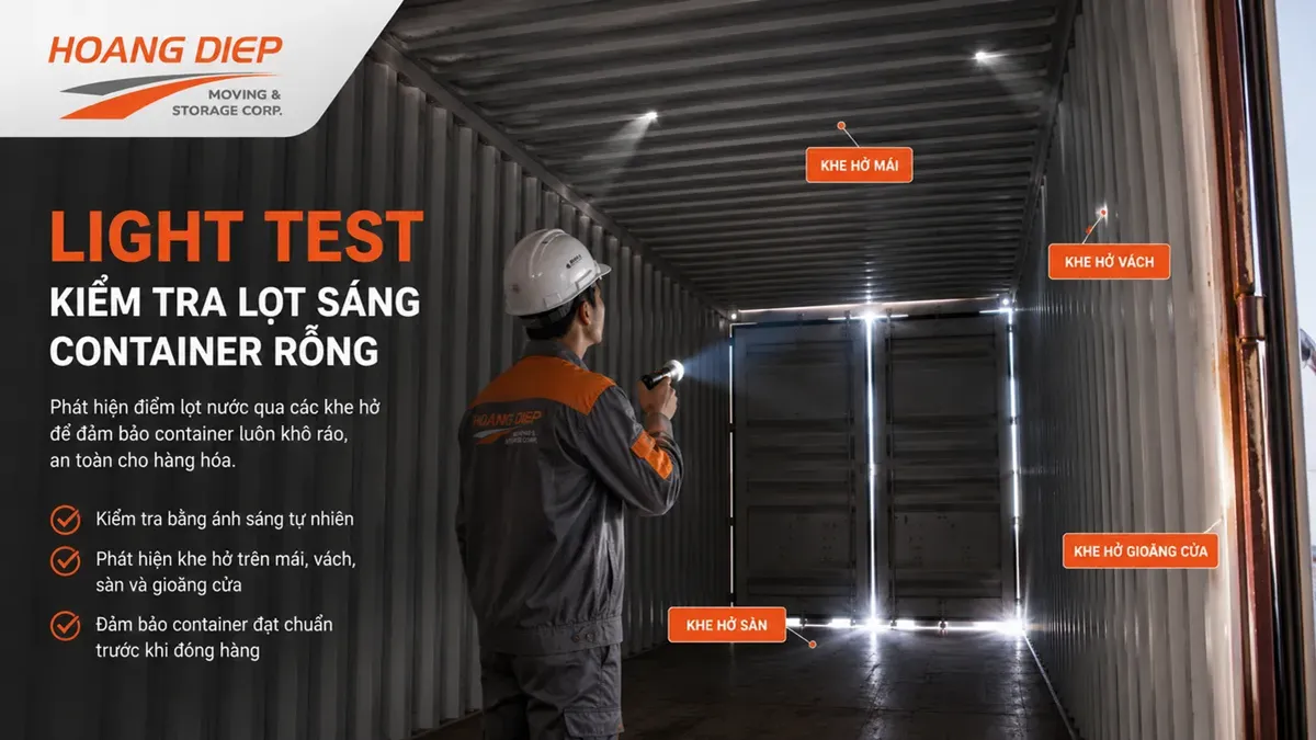 Light test kiểm tra container rỗng để phát hiện tia sáng lọt vào