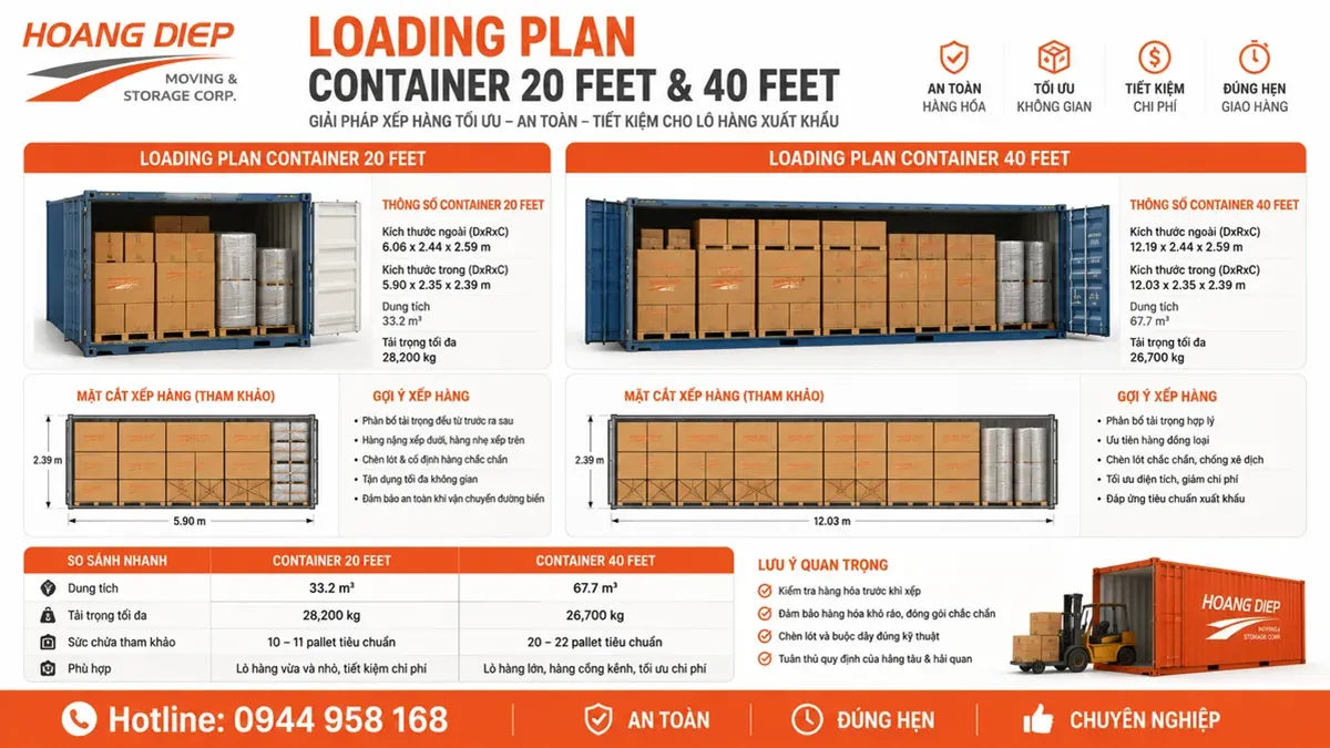 loading plan container 20 feet và 40 feet cho lô hàng xuất khẩu