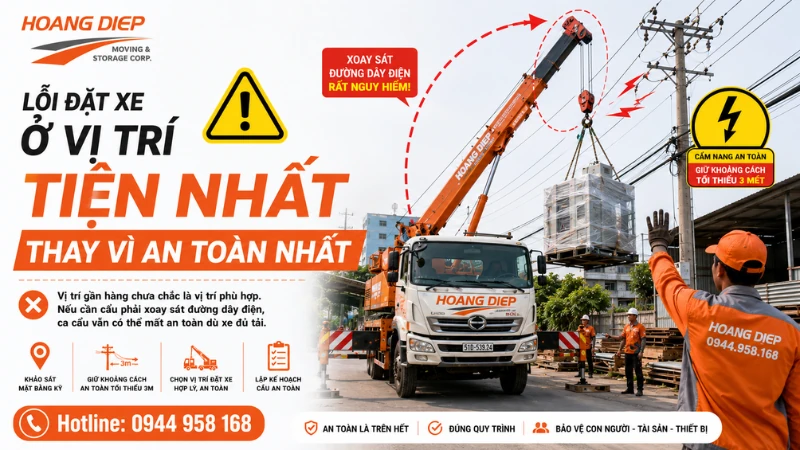 Lỗi đặt xe cẩu sát đường dây điện có thể gây nguy hiểm khi cẩu hạ