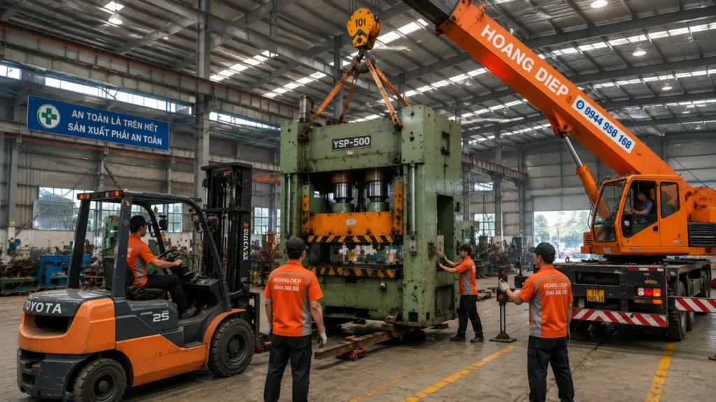 nâng hạ máy dập cơ khí bằng xe cẩu tải trọng lớn