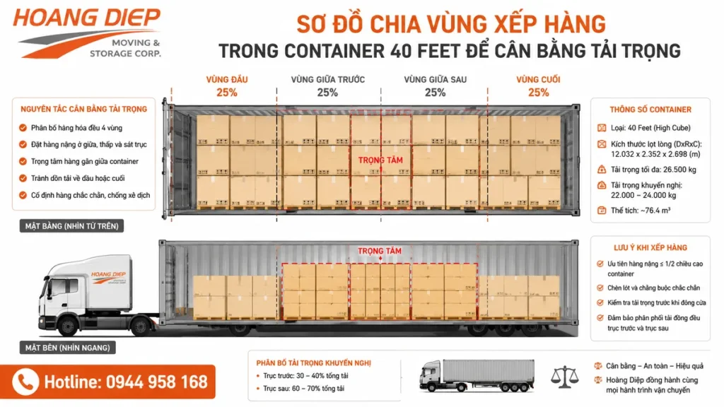 sơ đồ chia vùng xếp hàng trong container 40 feet để cân bằng tải trọng