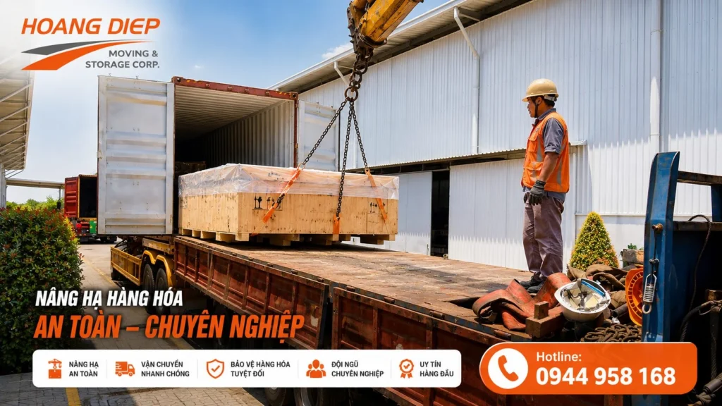 Hoàng Diệp thi công rút hàng container bằng xe cẩu