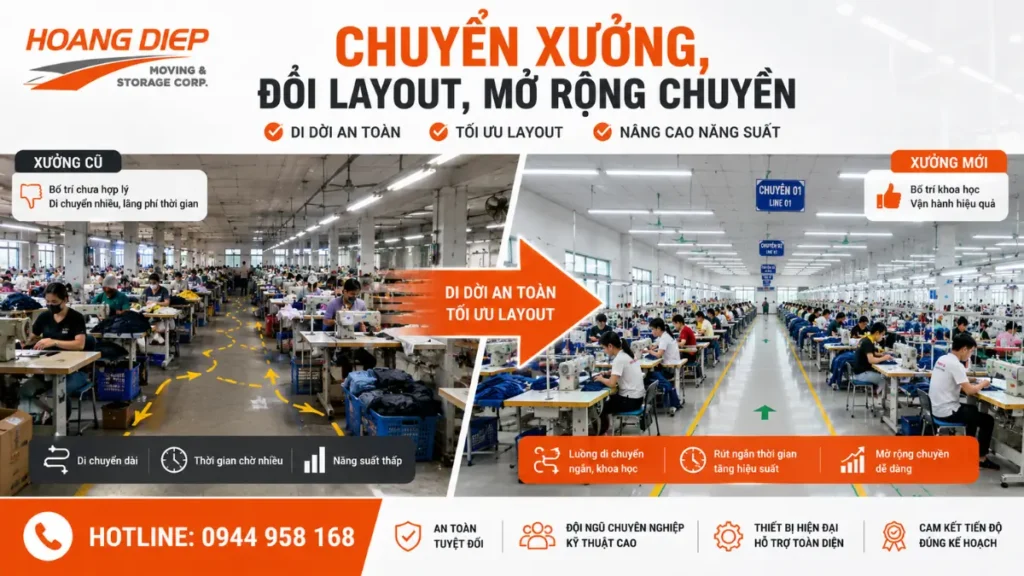 sắp xếp máy may theo layout mới khi di dời xưởng