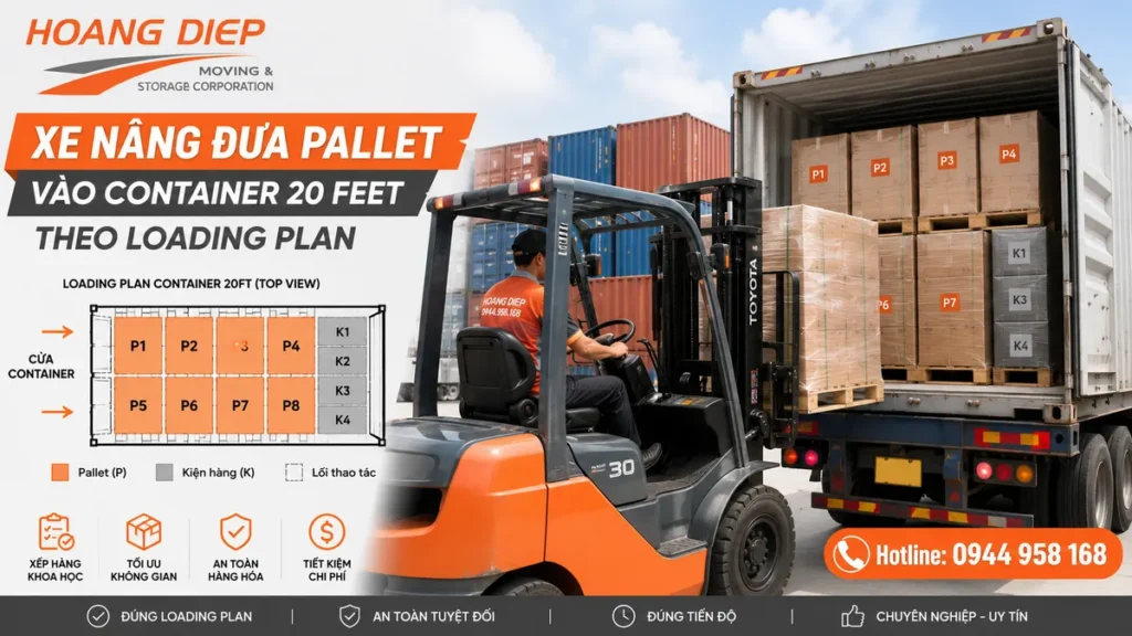 xe nâng đưa pallet vào container 20 feet theo loading plan