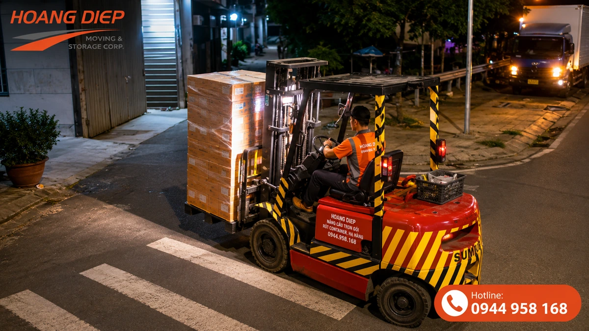 Xe nâng xử lý hàng pallet trong quá trình đóng rút container, hỗ trợ đưa hàng ra khỏi container và di chuyển về vị trí tập kết tại kho bãi.