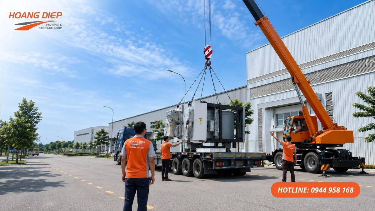 Xe cẩu hỗ trợ đưa máy móc thiết bị ra khỏi nhà xưởng, phù hợp với máy nặng, hàng cồng kềnh hoặc mặt bằng khó thao tác.