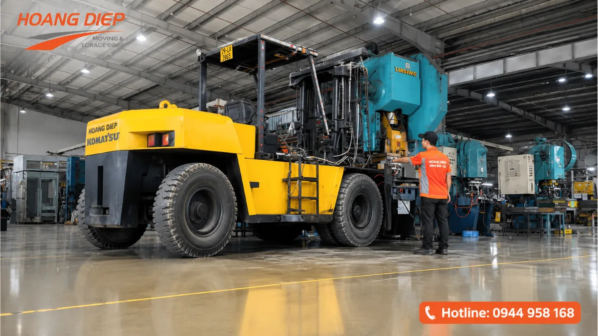 Di dời máy dập công nghiệp bằng xe nâng tải trọng lớn trong nhà xưởng