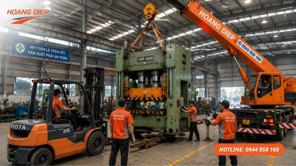 Hoàng Diệp phối hợp xe cẩu, xe nâng và nhân công kỹ thuật để nâng hạ, kéo chuyển và di dời máy móc thiết bị nặng trong nhà xưởng an toàn.