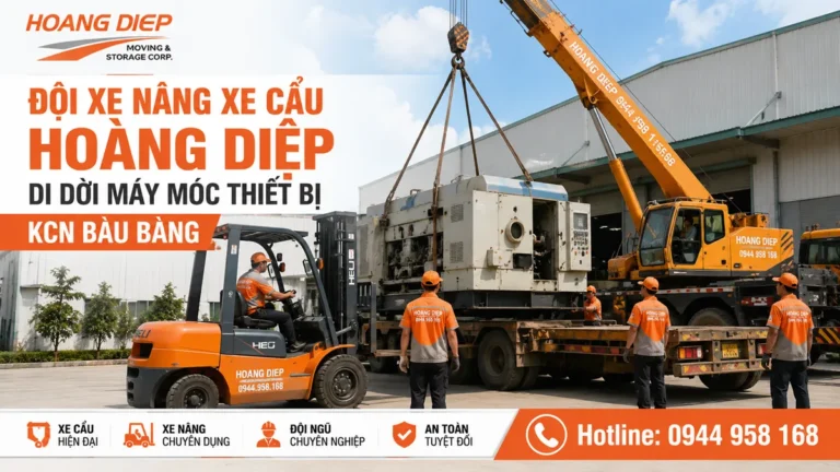 Đội xe nâng xe cẩu Hoàng Diệp di dời máy móc thiết bị KCN Bàu Bàng