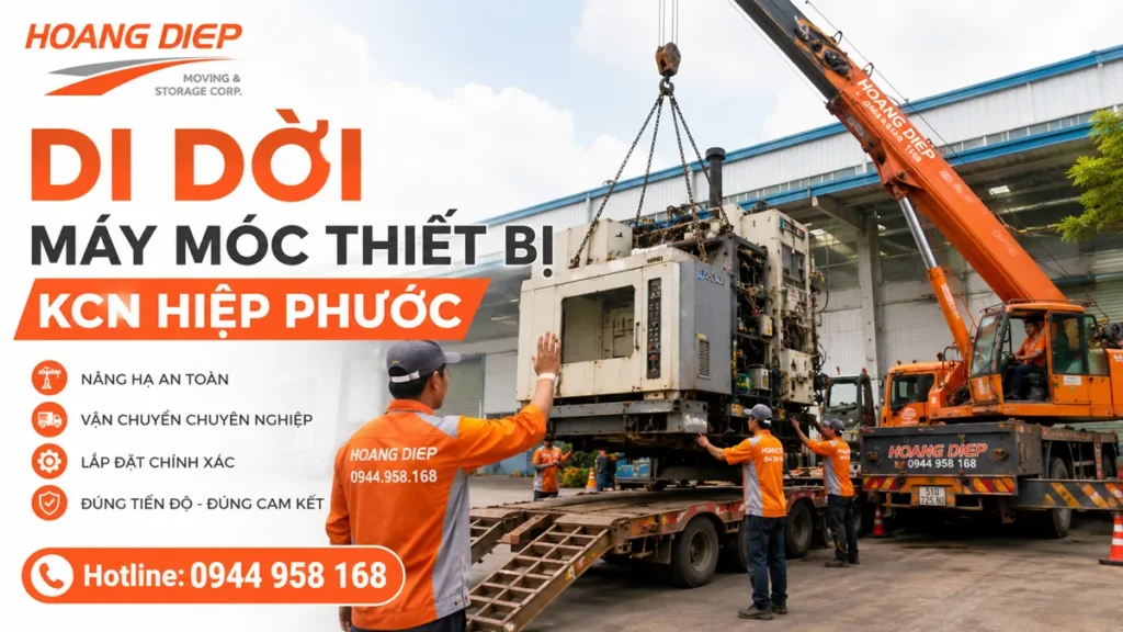 Dịch vụ di dời máy móc thiết bị KCN Hiệp Phước của Hoàng Diệp, hỗ trợ khảo sát, nâng hạ, vận chuyển và kê đặt máy công nghiệp an toàn.