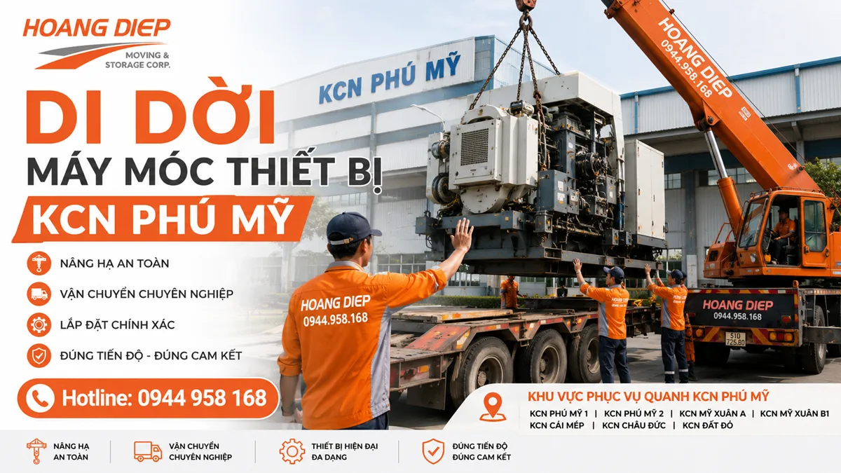 Dịch vụ di dời máy móc thiết bị KCN Phú Mỹ của Hoàng Diệp, hỗ trợ khảo sát, nâng hạ, vận chuyển và kê đặt máy công nghiệp an toàn.